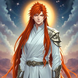 A captivating character inspired by Ichigo Kurosaki, envisioned with long, flowing red hair instead of his iconic orange