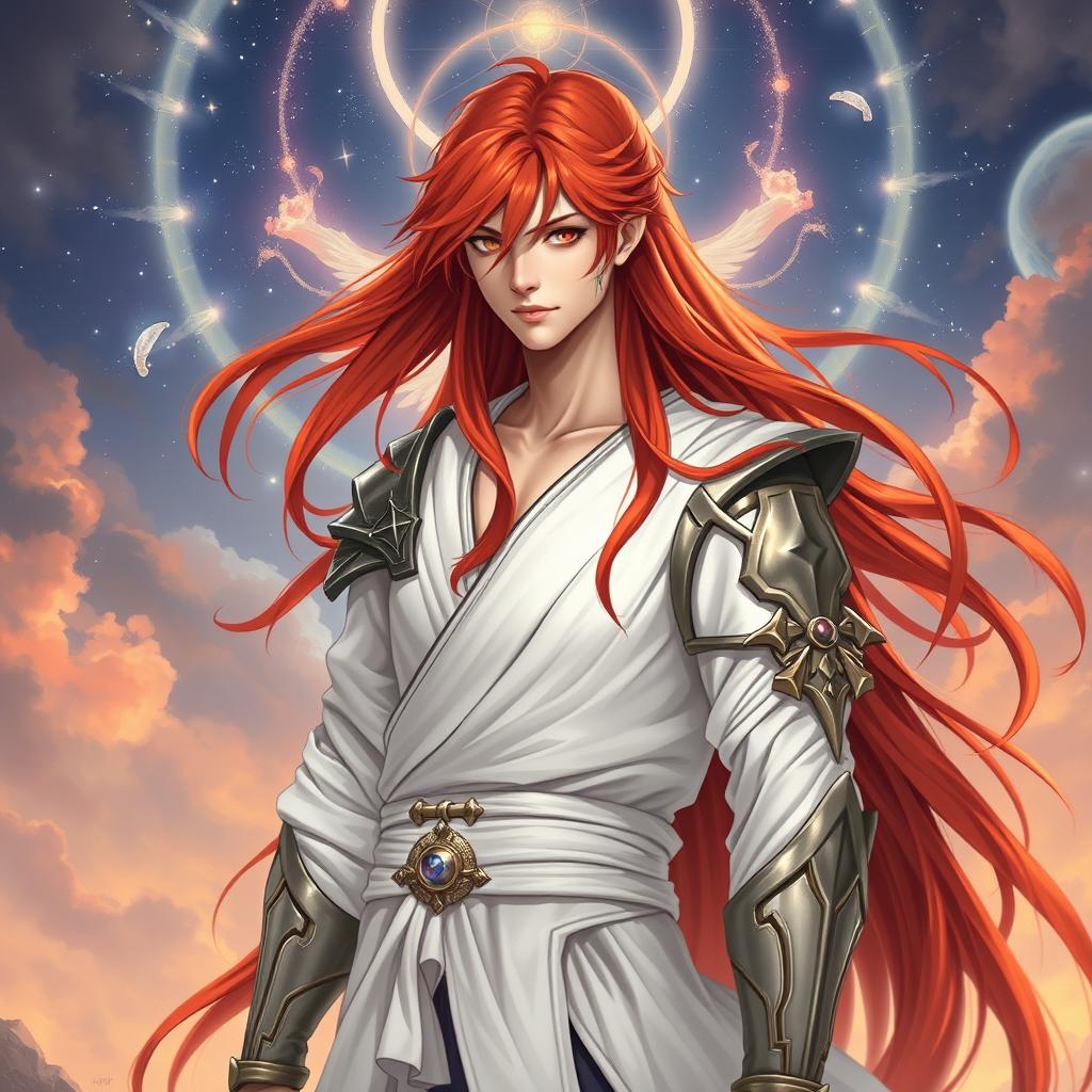 A captivating character inspired by Ichigo Kurosaki, envisioned with long, flowing red hair instead of his iconic orange