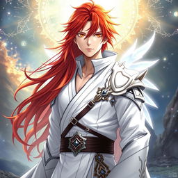 A captivating character inspired by Ichigo Kurosaki, envisioned with long, flowing red hair instead of his iconic orange