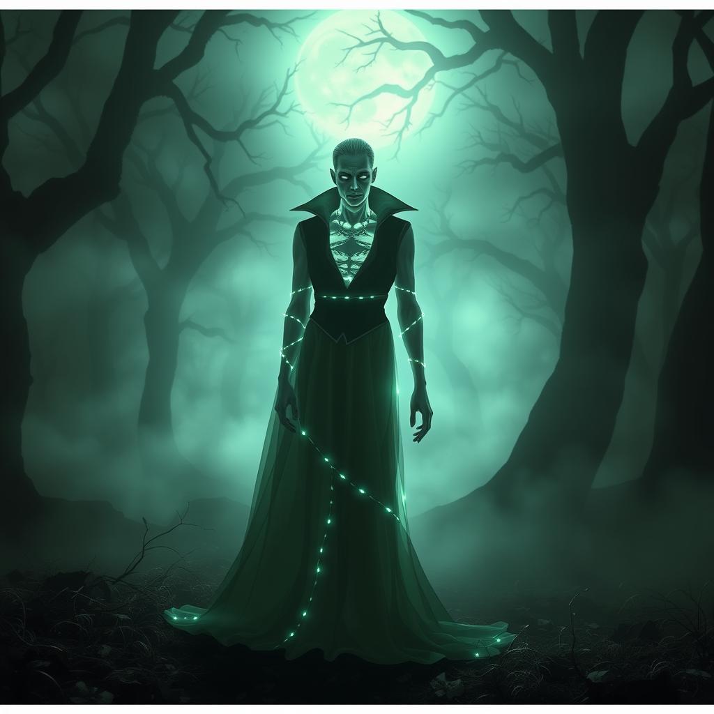 A captivating scene featuring a vampire with glowing skin, standing in a moonlit forest