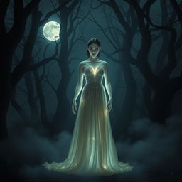 A captivating scene featuring a vampire with glowing skin, standing in a moonlit forest