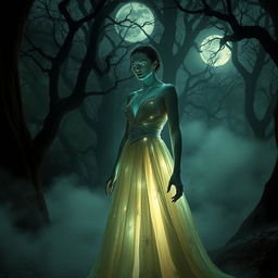 A captivating scene featuring a vampire with glowing skin, standing in a moonlit forest