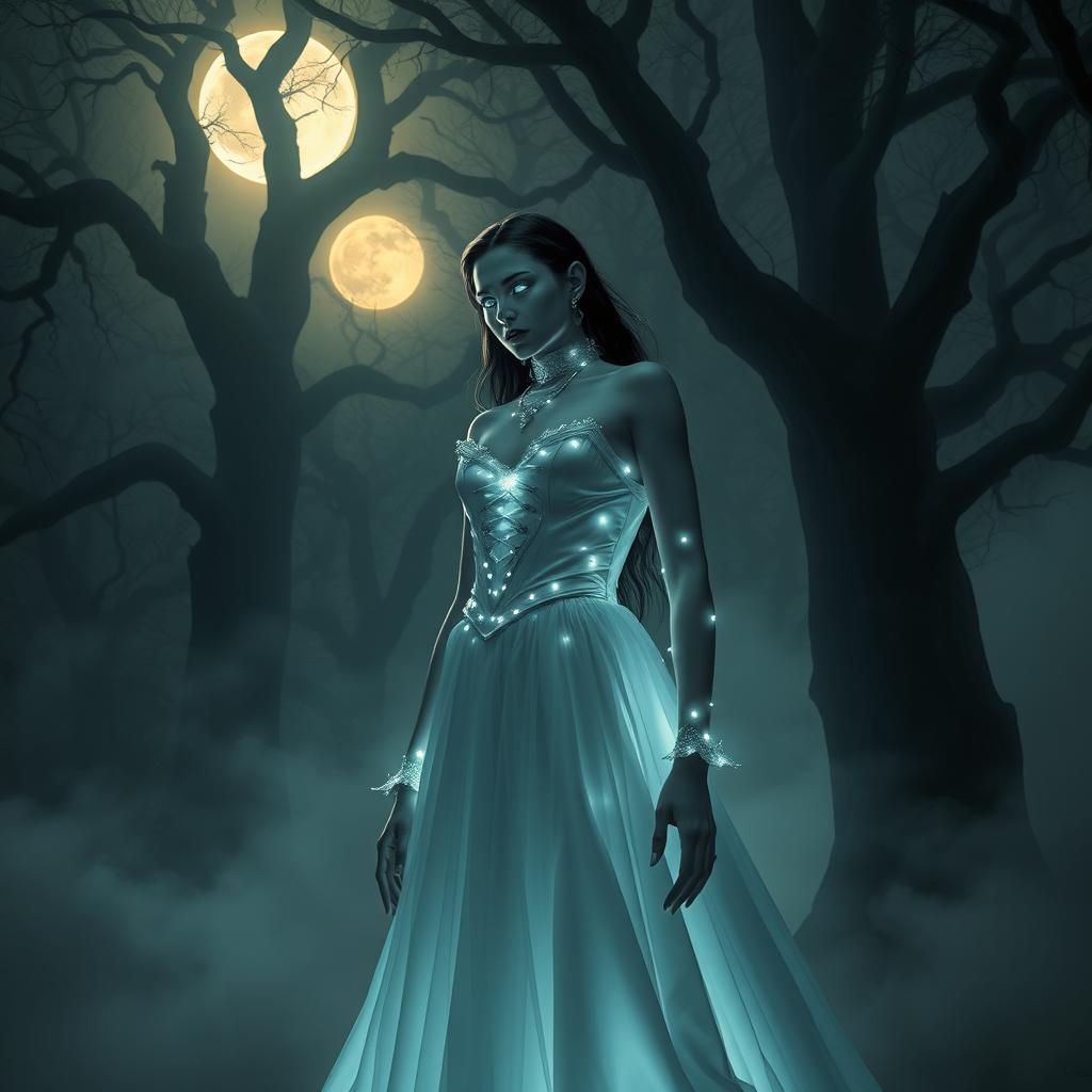 A captivating scene featuring a vampire with glowing skin, standing in a moonlit forest