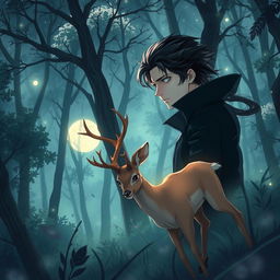 An anime-inspired scene featuring a character reminiscent of Edward from Twilight as a vampire, elegantly hunting a deer in a lush, moonlit forest