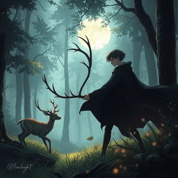 An anime-inspired scene featuring a character reminiscent of Edward from Twilight as a vampire, elegantly hunting a deer in a lush, moonlit forest