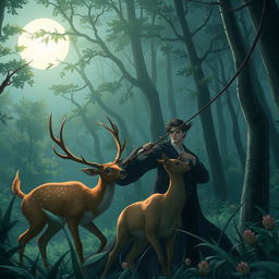 An anime-inspired scene featuring a character reminiscent of Edward from Twilight as a vampire, elegantly hunting a deer in a lush, moonlit forest