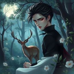 An anime-inspired scene featuring a character reminiscent of Edward from Twilight as a vampire, elegantly hunting a deer in a lush, moonlit forest