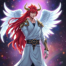 A striking reinterpretation of Ichigo Kurosaki, with long, flowing red hair replacing his usual orange, designed as a DND aasimar half-elf