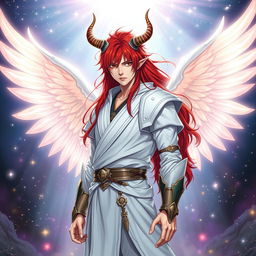 A striking reinterpretation of Ichigo Kurosaki, with long, flowing red hair replacing his usual orange, designed as a DND aasimar half-elf