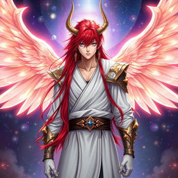 A striking reinterpretation of Ichigo Kurosaki, with long, flowing red hair replacing his usual orange, designed as a DND aasimar half-elf