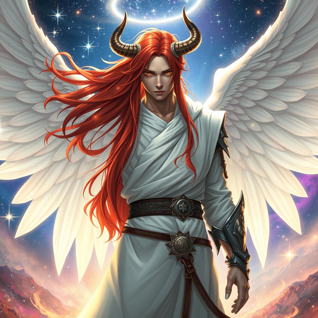 A striking reinterpretation of Ichigo Kurosaki, with long, flowing red hair replacing his usual orange, designed as a DND aasimar half-elf