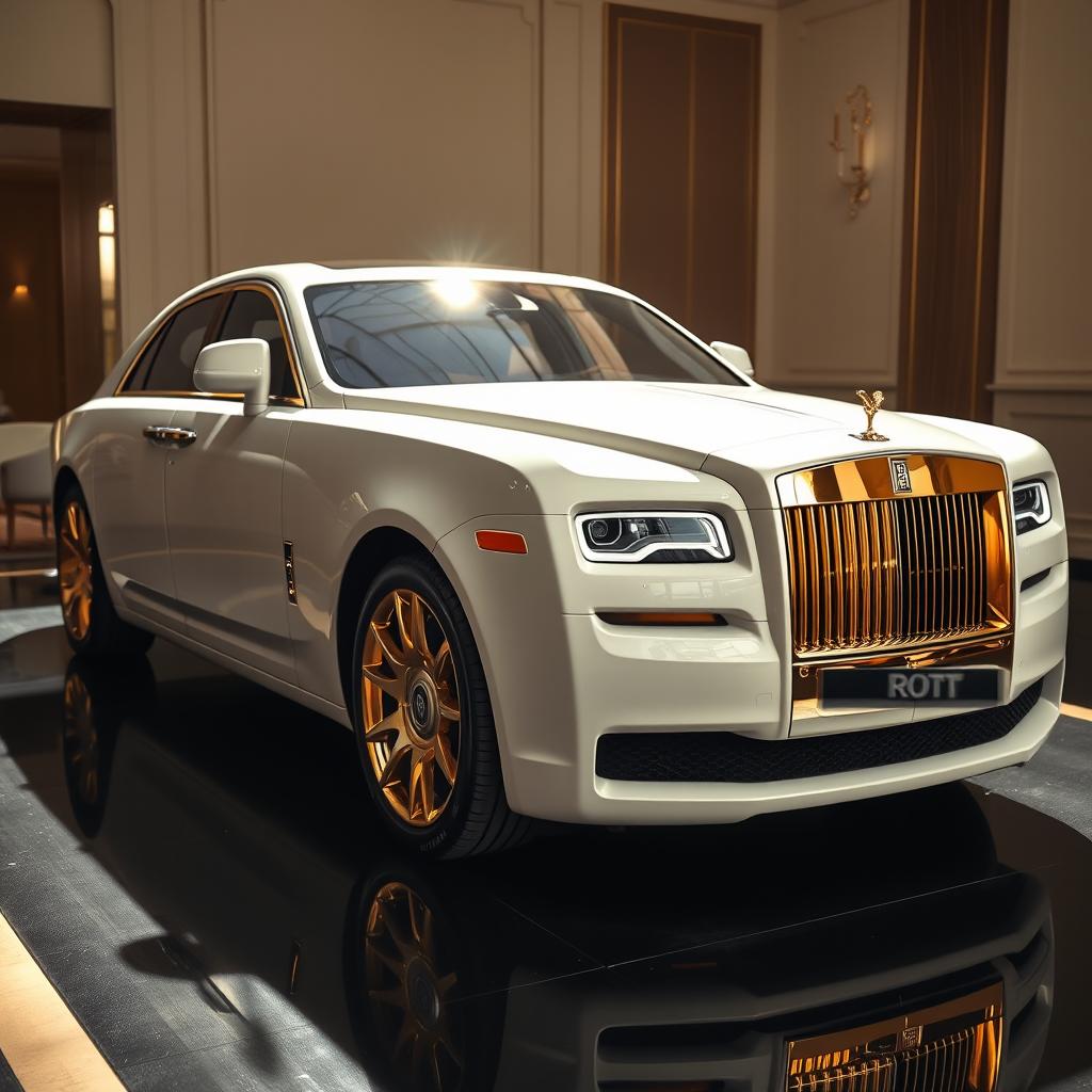 A Rolls-Royce Ghost in a luxurious setting, featuring the car painted in an elegant Carrara white and gold color