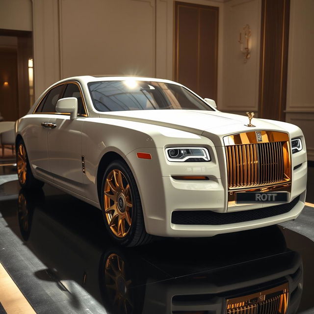 A Rolls-Royce Ghost in a luxurious setting, featuring the car painted in an elegant Carrara white and gold color