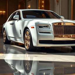 A Rolls-Royce Ghost in a luxurious setting, featuring the car painted in an elegant Carrara white and gold color