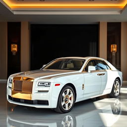 A Rolls-Royce Ghost in a luxurious setting, featuring the car painted in an elegant Carrara white and gold color