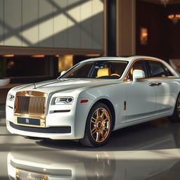 A Rolls-Royce Ghost in a luxurious setting, featuring the car painted in an elegant Carrara white and gold color