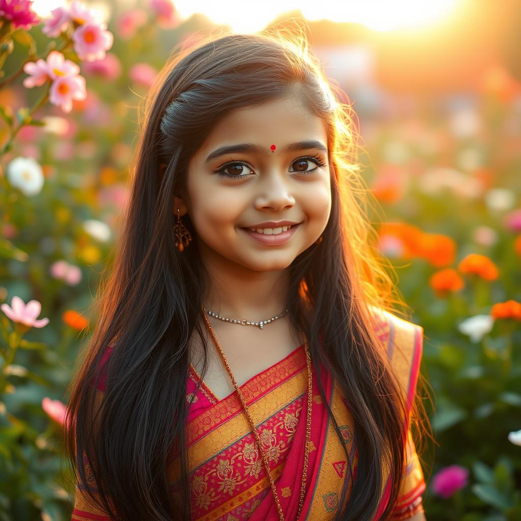 A beautiful Indian girl with a warm and sweet smile, dressed in traditional Indian attire with intricate patterns and vibrant colors, standing in a serene garden filled with blooming flowers and lush greenery