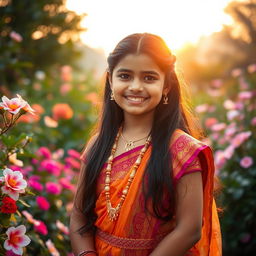 A beautiful Indian girl with a warm and sweet smile, dressed in traditional Indian attire with intricate patterns and vibrant colors, standing in a serene garden filled with blooming flowers and lush greenery