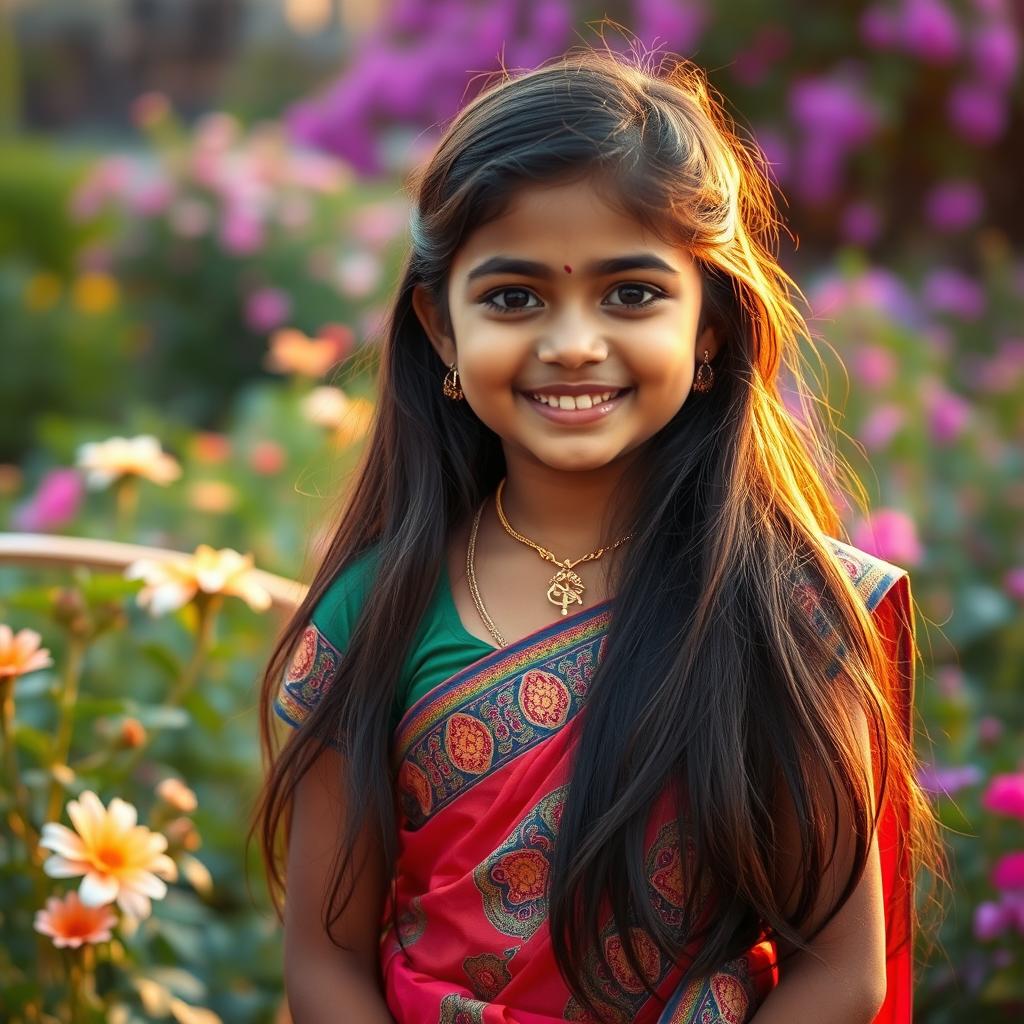 A beautiful Indian girl with a warm and sweet smile, dressed in traditional Indian attire with intricate patterns and vibrant colors, standing in a serene garden filled with blooming flowers and lush greenery