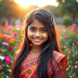 A beautiful Indian girl with a warm and sweet smile, dressed in traditional Indian attire with intricate patterns and vibrant colors, standing in a serene garden filled with blooming flowers and lush greenery