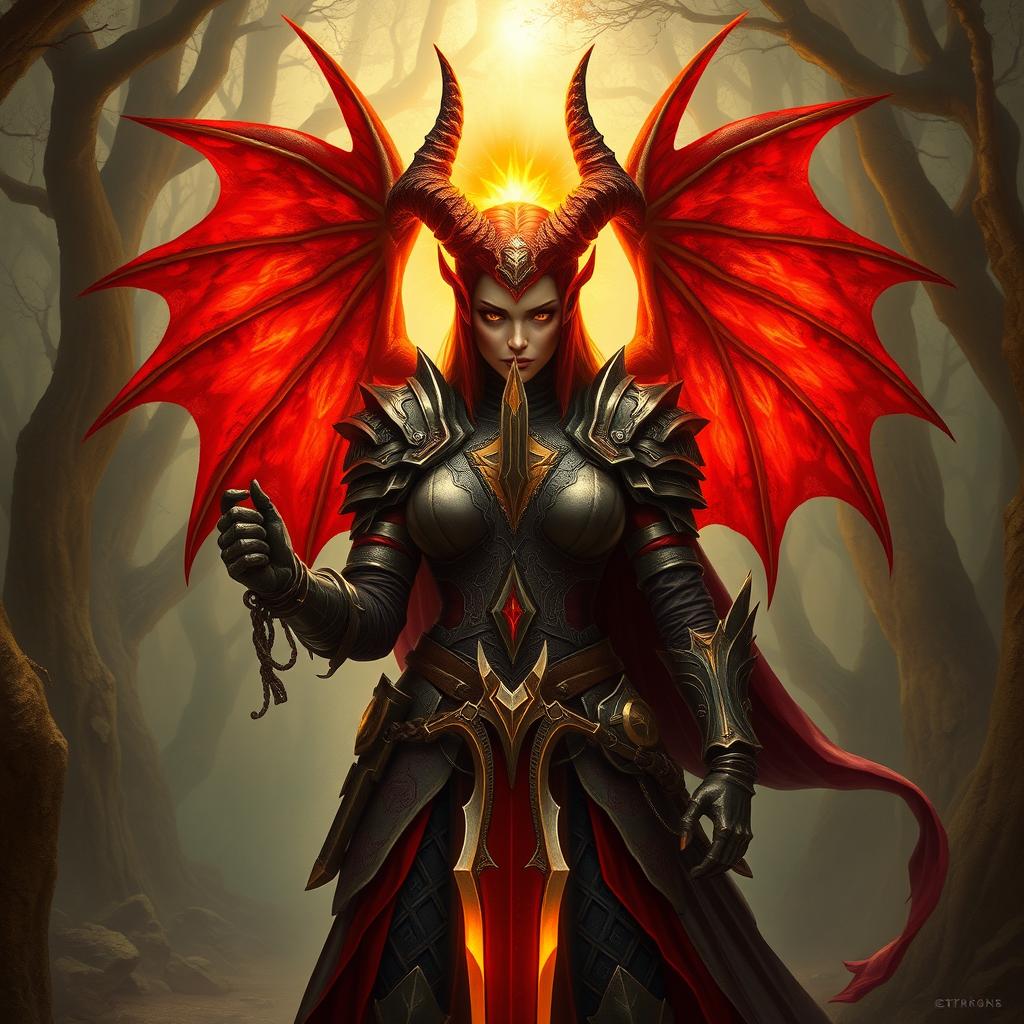 A striking DND female balor, traditionally known for her fiery infernal nature, is depicted on the path of redemption