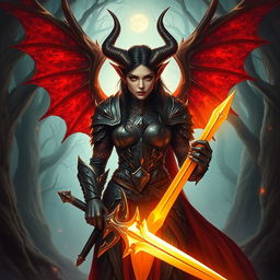 A striking DND female balor, traditionally known for her fiery infernal nature, is depicted on the path of redemption