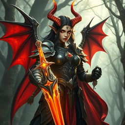 A striking DND female balor, traditionally known for her fiery infernal nature, is depicted on the path of redemption