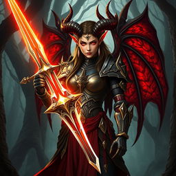 A striking DND female balor, traditionally known for her fiery infernal nature, is depicted on the path of redemption