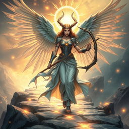 A mesmerizing DND female erinyes, traditionally a fierce celestial executioner, depicted on a journey of redemption and ascension