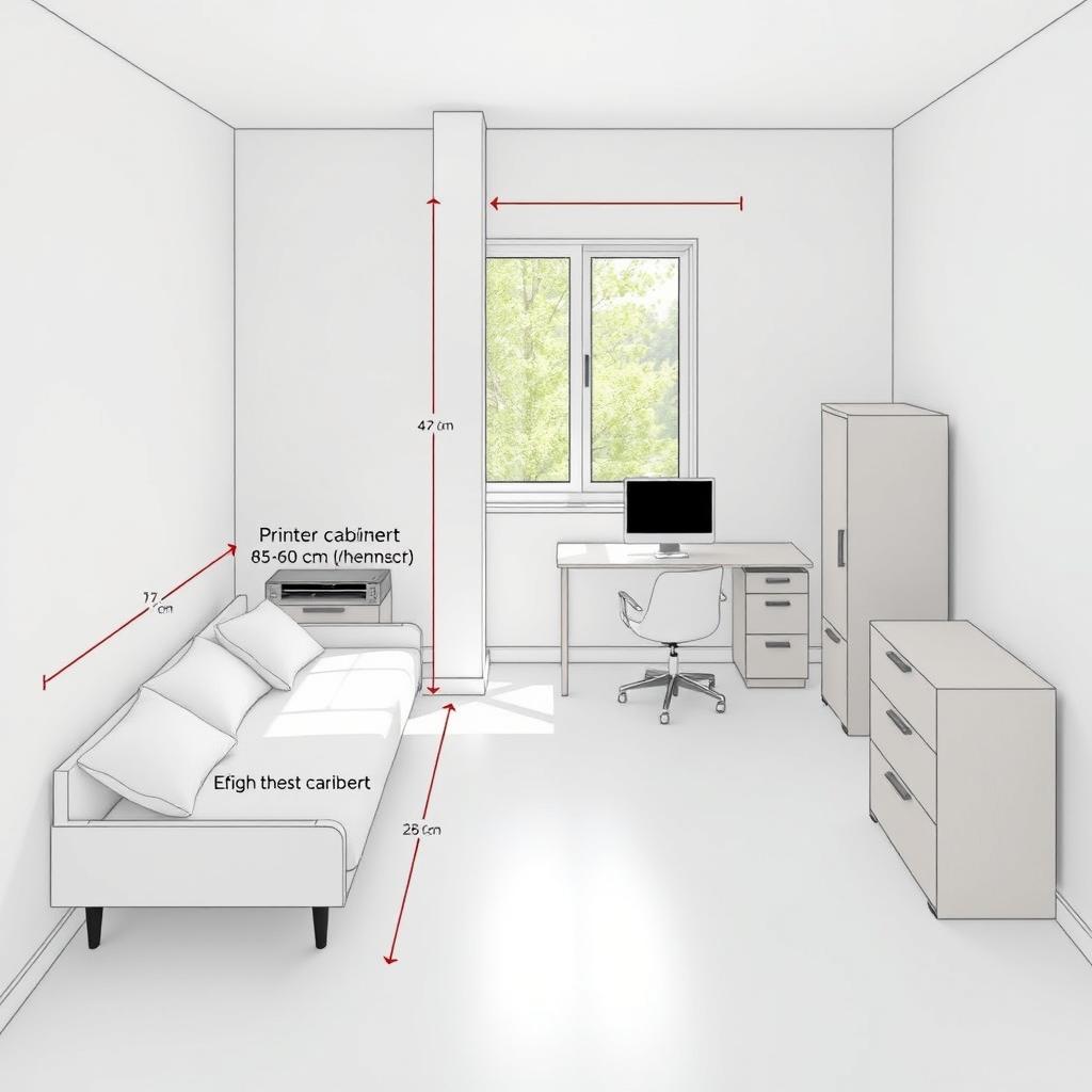 Create a detailed room design featuring a daybed and an office desk setup according to specific measurements