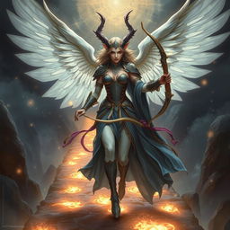 A mesmerizing DND female erinyes, traditionally a fierce celestial executioner, depicted on a journey of redemption and ascension