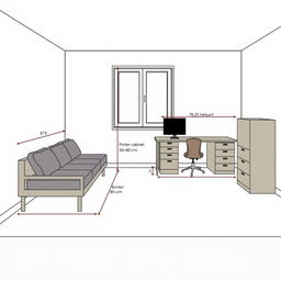 Create a detailed room design featuring a daybed and an office desk setup according to specific measurements