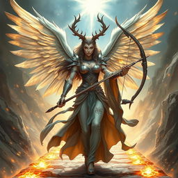 A mesmerizing DND female erinyes, traditionally a fierce celestial executioner, depicted on a journey of redemption and ascension