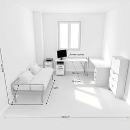 Create a detailed room design featuring a daybed and an office desk setup according to specific measurements