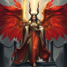 A captivating DND female erinyes, traditionally a celestial executioner, portrayed on the path of repentance