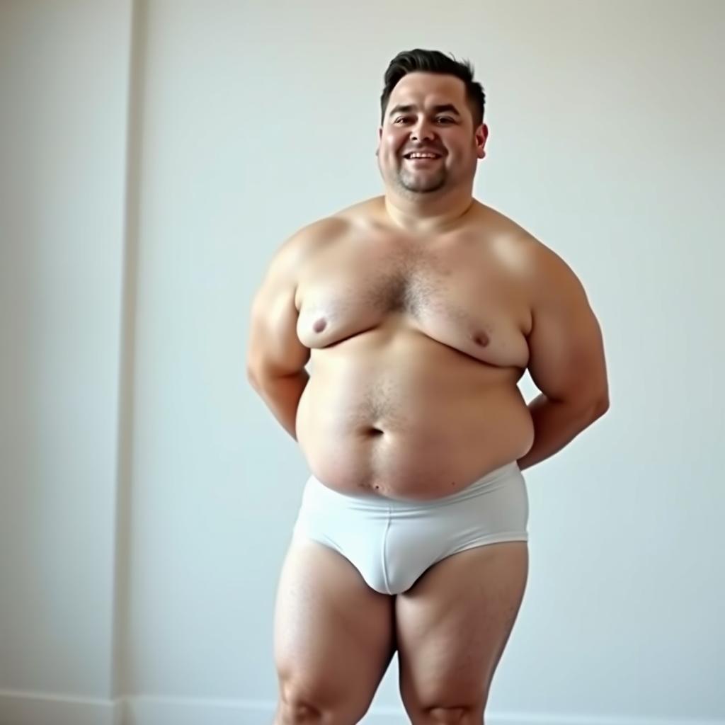 A chubby man wearing only underwear, standing in a relaxed pose, with a neutral or happy expression