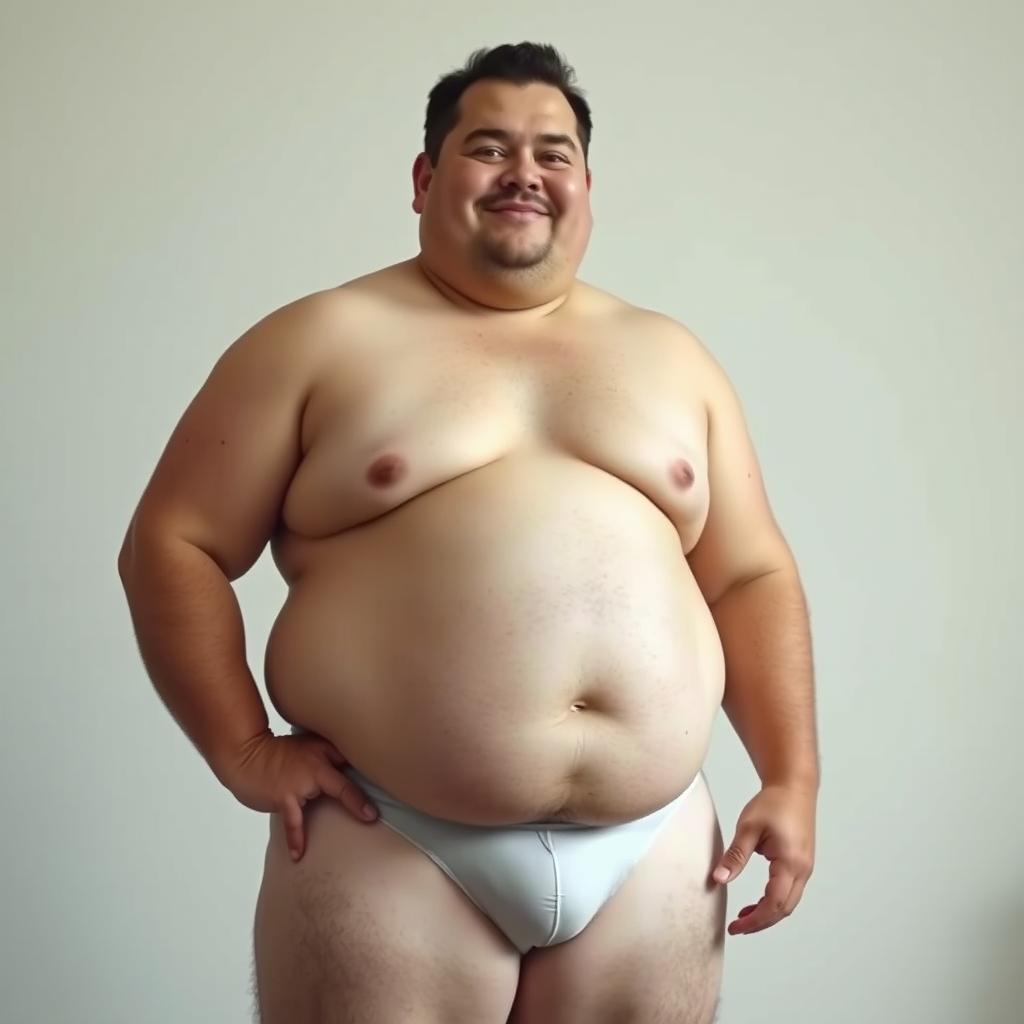 A chubby man wearing only underwear, standing in a relaxed pose, with a neutral or happy expression