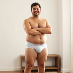 A chubby man wearing only underwear, standing in a relaxed pose, with a neutral or happy expression