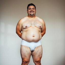 A chubby man wearing only underwear, standing in a relaxed pose, with a neutral or happy expression