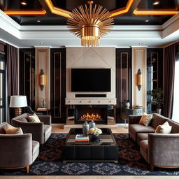 A luxurious living room interior design featuring a 60-inch TV mounted above a modern fireplace