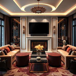 A luxurious living room interior design featuring a 60-inch TV mounted above a modern fireplace