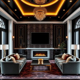 A luxurious living room interior design featuring a 60-inch TV mounted above a modern fireplace