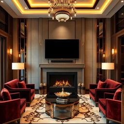 A luxurious living room interior design featuring a 60-inch TV mounted above a modern fireplace