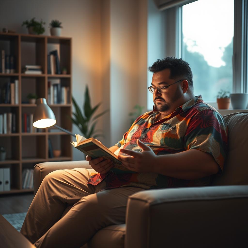 A chubby man sitting comfortably on a couch, focused on reading a book, with a cozy and warm atmosphere surrounding him