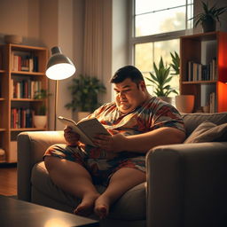 A chubby man sitting comfortably on a couch, focused on reading a book, with a cozy and warm atmosphere surrounding him