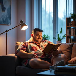 A chubby man sitting comfortably on a couch, focused on reading a book, with a cozy and warm atmosphere surrounding him