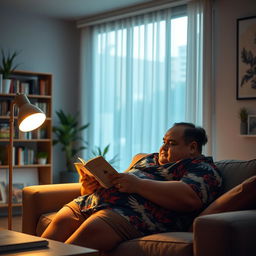 A chubby man sitting comfortably on a couch, focused on reading a book, with a cozy and warm atmosphere surrounding him