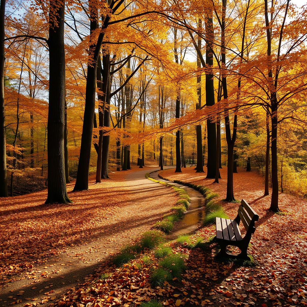 A serene autumn forest scene with a winding path covered in colorful leaves