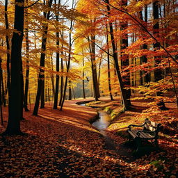 A serene autumn forest scene with a winding path covered in colorful leaves