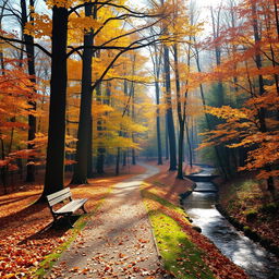 A serene autumn forest scene with a winding path covered in colorful leaves